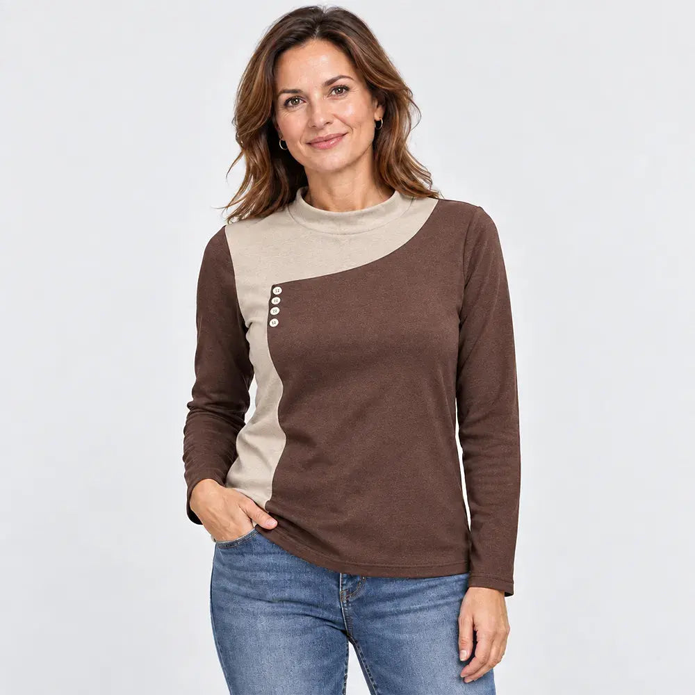 ✨【S-3XL / 6 szín】Színblokkos blúz állógallérral és díszes gombokkal (könnyű termo polár anyag)