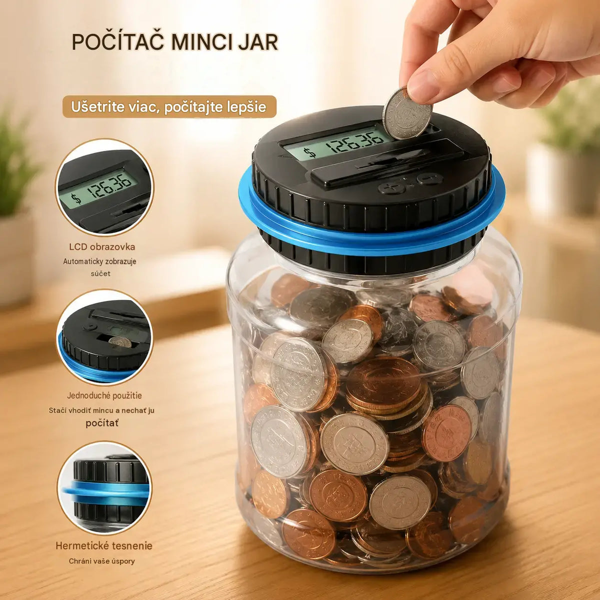 💰Velká automatická pokladnička s počítadlem eur pro ukládání mincí.