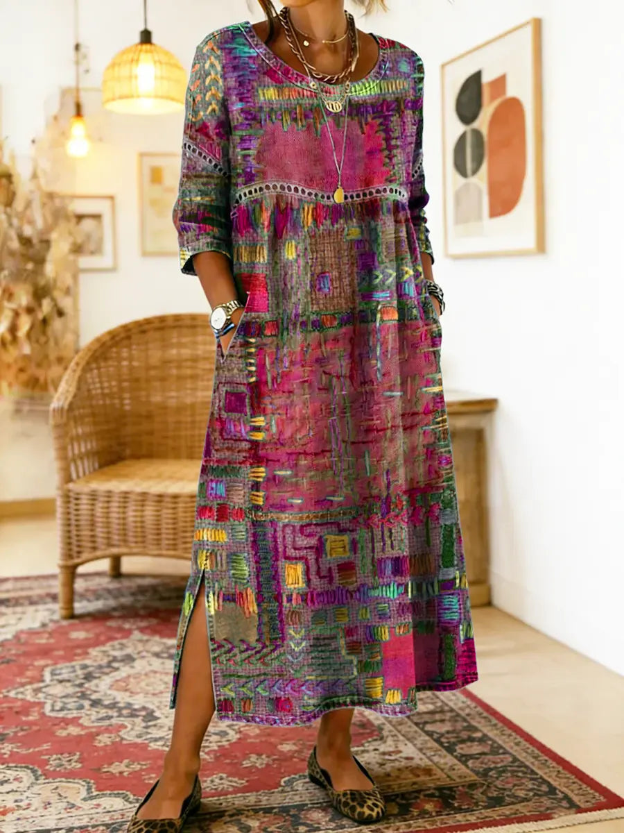 ✨ ¡Último día con un 50 % de descuento! 【S-5XL】 Vestido retro de verano con cuello redondo y estampado; ligero, transpirable, favorecedor y fácil de combinar.