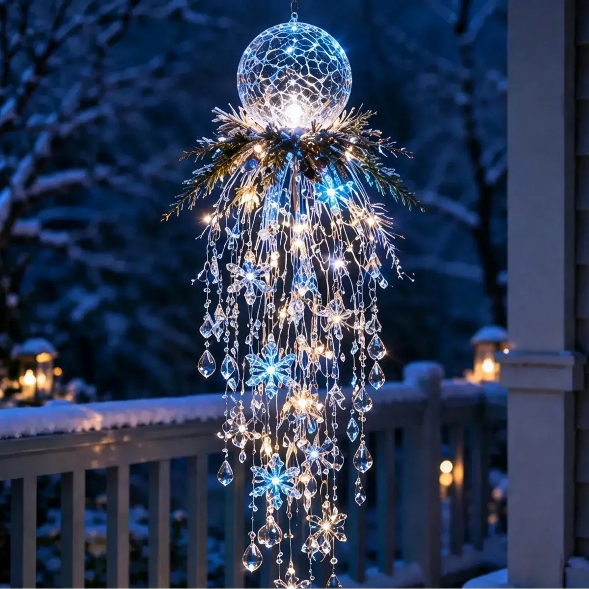 🎄🎅 Vánoční závěsná LED lampa se sněhovou vločkou a křišťálem | Kouzelná záře na verandu ✨