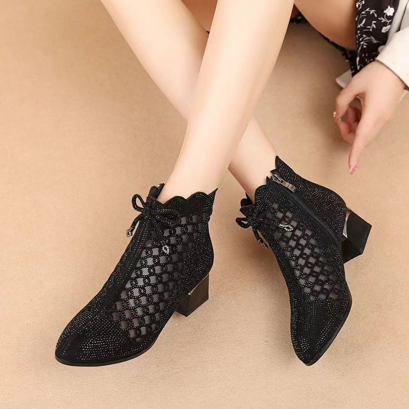 👠【35-41】2025 nowe grube botki z siateczki na obcasie