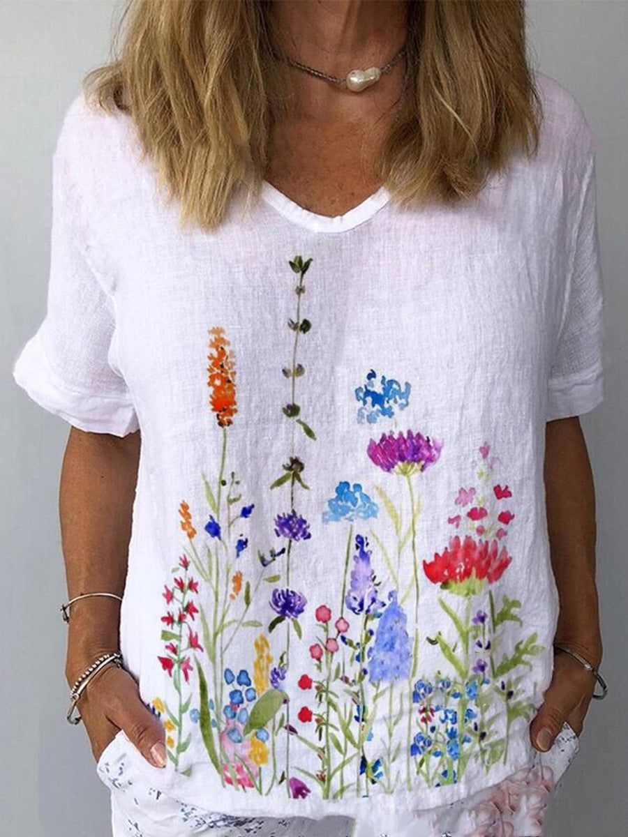 💐🌈T-shirt z krótkim rękawem i bawełnianą lnianą nadrukiem w kwiaty-3984791
