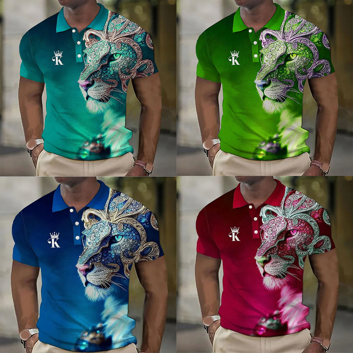 【Novi modeli sniženi 45%.】【S-6XL】Męska koszulka polo z nadrukiem 3D z lwem-3919209