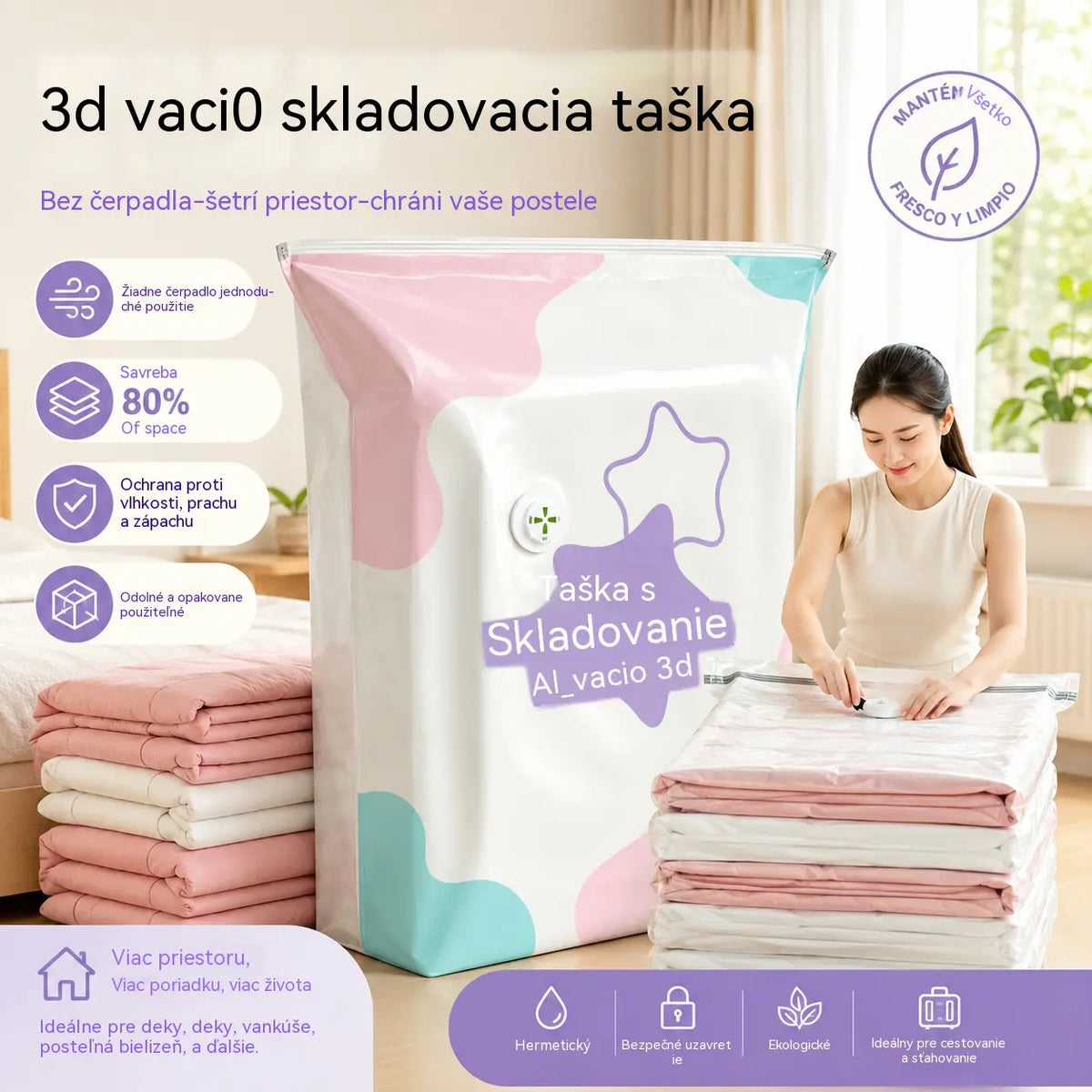 ⭐🧳【5-dílná sada】💨 Velká, stlačitelná vakuová úložná kapsa: nevyžaduje pumpičku, je nepropustná a ideální pro úsporu místa v kufru a doma ✈️