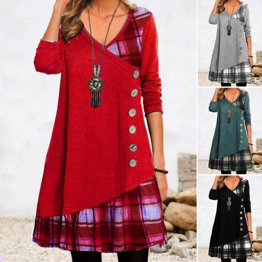 💟【Jesienne nowości】👗【S-3XL】 2024 Nowa elegancka sukienka w kratę z dekoltem w kształcie litery V, z długim rękawem-3800447