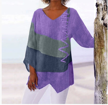 ⏳ Τελευταία μέρα - 50% έκπτωση 😍【S~5XL】Γυναικείο κομψό casual τοπ με V ντεκολτέ και μακριά μανίκια, καλλιτεχνικό σχέδιο και τύπωμα