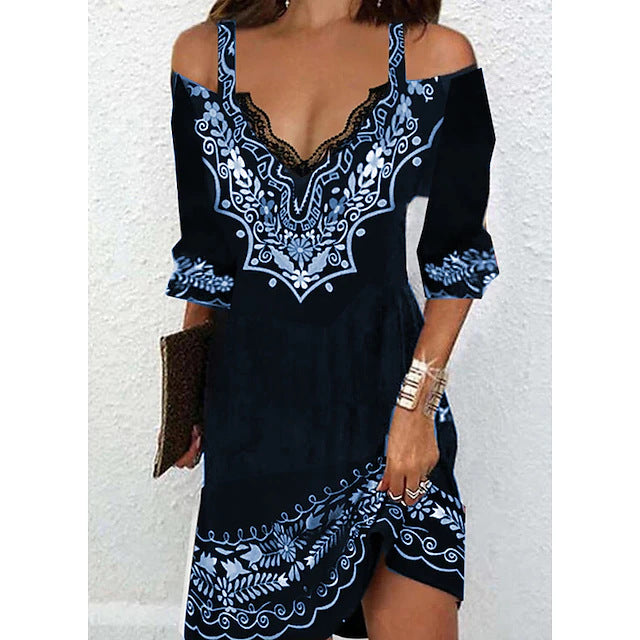 🌸👗【50% kedvezmény】【5XL-ig】2026-os ruha – divatos mintás, szexi csipke, vállkivágásos design