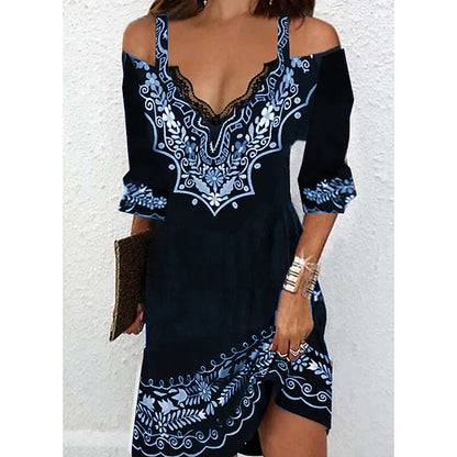 🌸👗【50% kedvezmény】【5XL-ig】2026-os ruha – divatos mintás, szexi csipke, vállkivágásos design