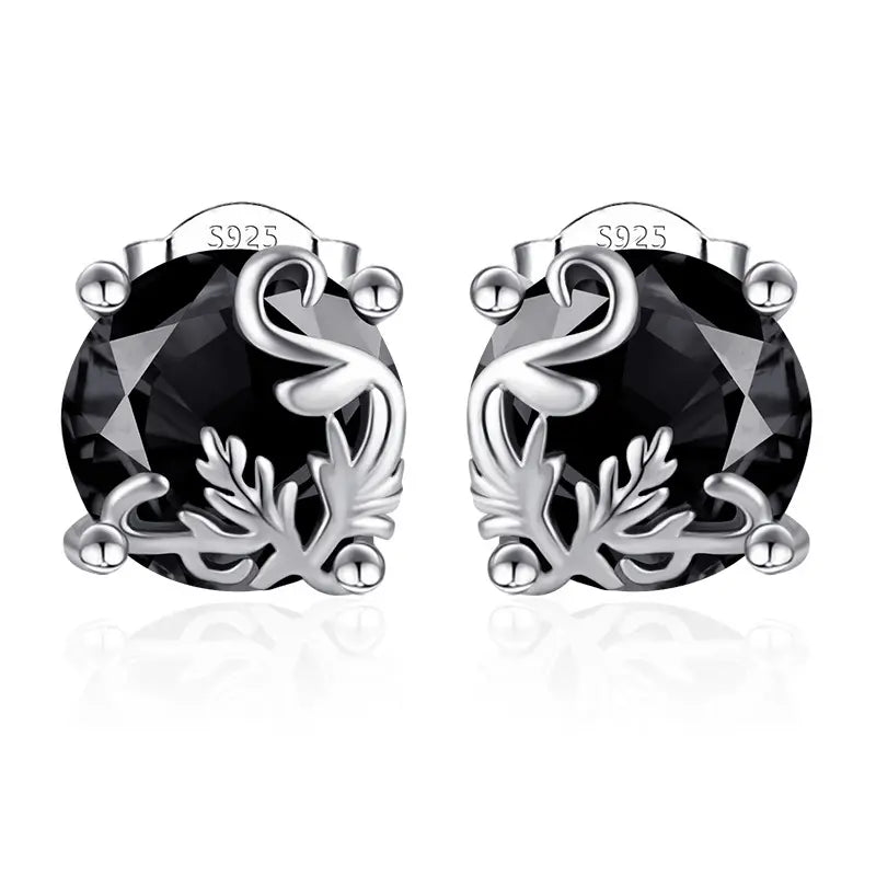 🖤 Stříbrné knoflíkové náušnice S925 – gotický motiv vinné révy, černý zirkon, velikost 8 mm, 1 pár pro citlivé uši.