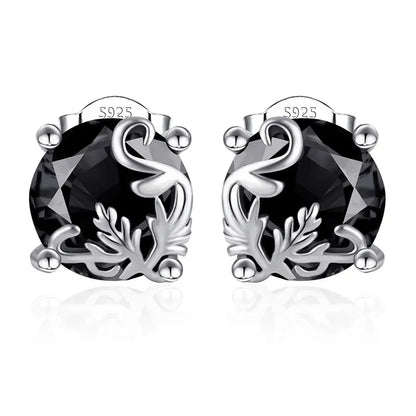 🖤 Stříbrné knoflíkové náušnice S925 – gotický motiv vinné révy, černý zirkon, velikost 8 mm, 1 pár pro citlivé uši.