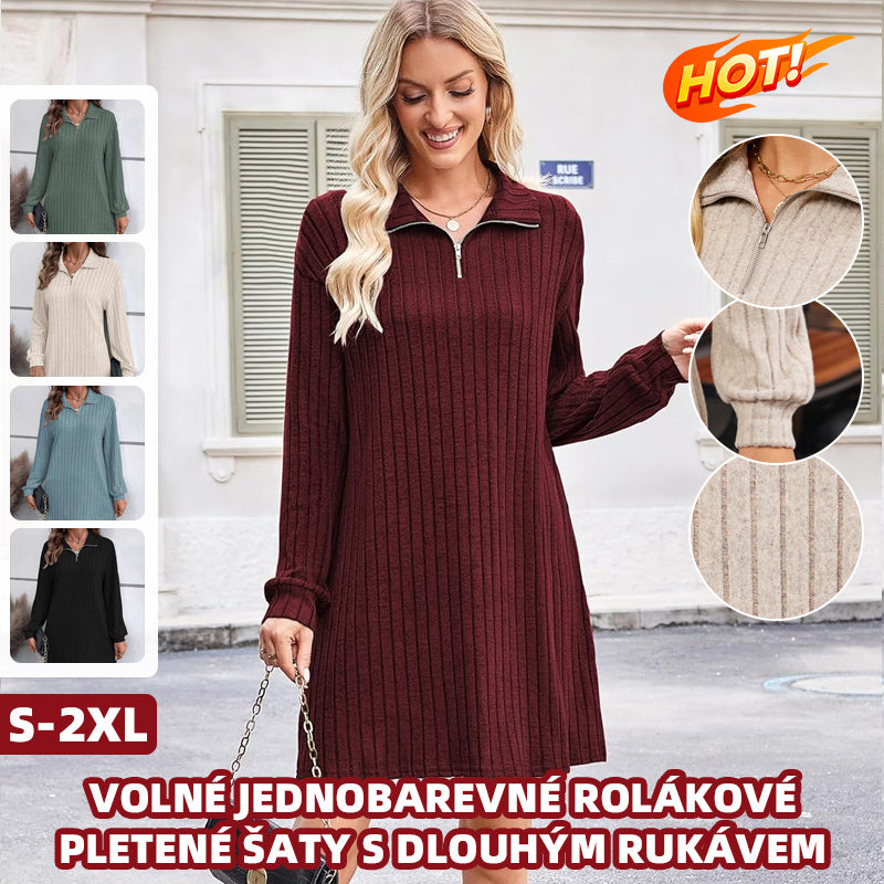 ❄️💃🍂【S-2XL】🔥Podzimní/zimní nové ležérní módní volné jednobarevné pletené šaty s dlouhým rukávem a vysokým výstřihem 4187106