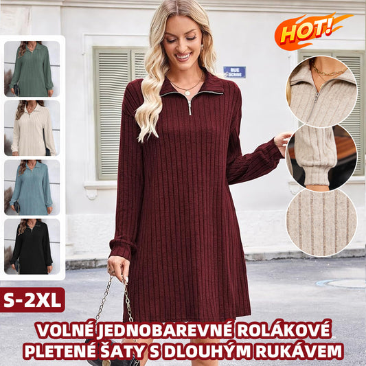 ❄️💃🍂【S-2XL】🔥Podzimní/zimní nové ležérní módní volné jednobarevné pletené šaty s dlouhým rukávem a vysokým výstřihem 4187106