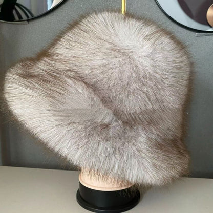 Ciepła damska czapka jesienno-zimowa z dużym rondem i kopułą, futro z lisa-4224357