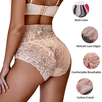 💕【6 ks】💕【55–100 kg】Letní dámské kalhotky s vysokým pasem pro tvarování postavy, krajkový design, pohodlné na nošení
