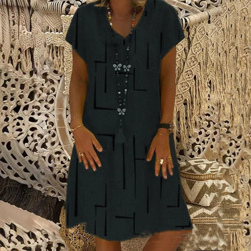 🏆👗【S-5XL】Bawełniana sukienka z nadrukiem i dekoltem w szpic-3948109