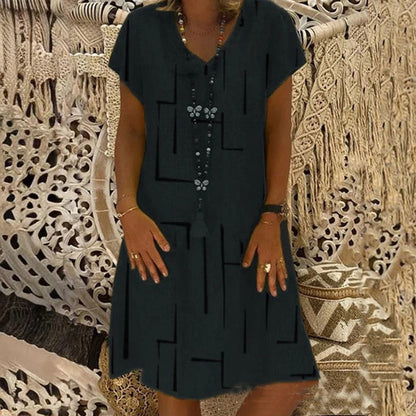 🏆👗【S-5XL】Bawełniana sukienka z nadrukiem i dekoltem w szpic-3948109
