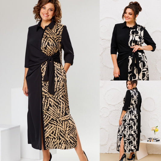 💙🖤【S-5XL】 Elegancka sukienka z nadrukiem, która podkreśla talię-3750738