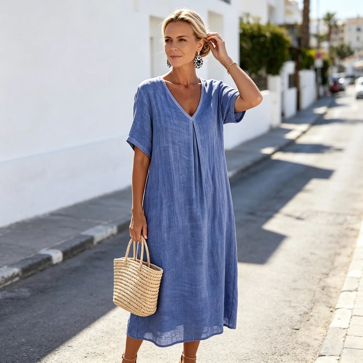 ✨Poslední den 50% sleva【S-3XL】Letní lněné šaty s výstřihem do V, ležérní a stylové.