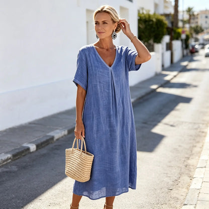✨Poslední den 50% sleva【S-3XL】Letní lněné šaty s výstřihem do V, ležérní a stylové.