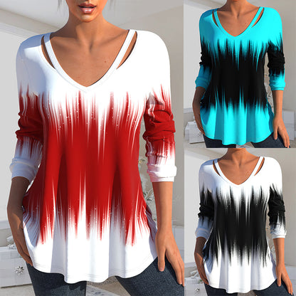 【S-3XL】Nowy damski top z dekoltem w serek i długim rękawem, z nadrukiem