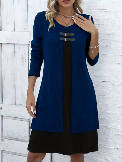 🔥💃【S-3XL】✨✨Nowa modna i elegancka zimowa sukienka sweterkowa w bloki kolorów 4181975