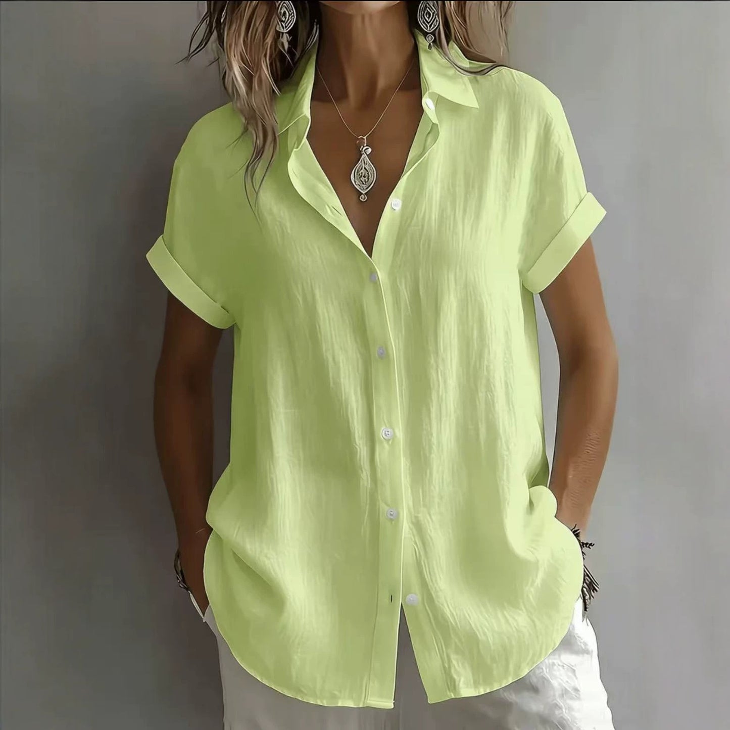 💃 S–2XL, Dámská jednobarevná lněná košile s límečkem a krátkým rukávem pro volný čas