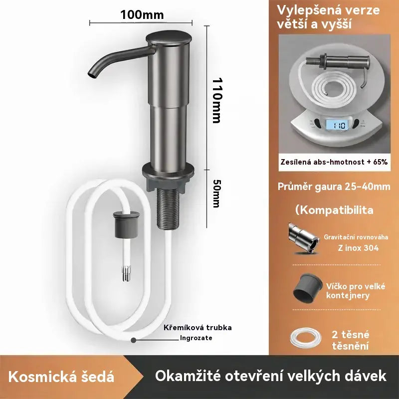 🏠Vestavný dávkovač mýdla a mycího prostředku pro kuchyňský dřez, z prémiové nerezové oceli, s výsuvnou trubicí vedoucí přímo do láhve a gravitační kuličkou 304, rychlé čerpání