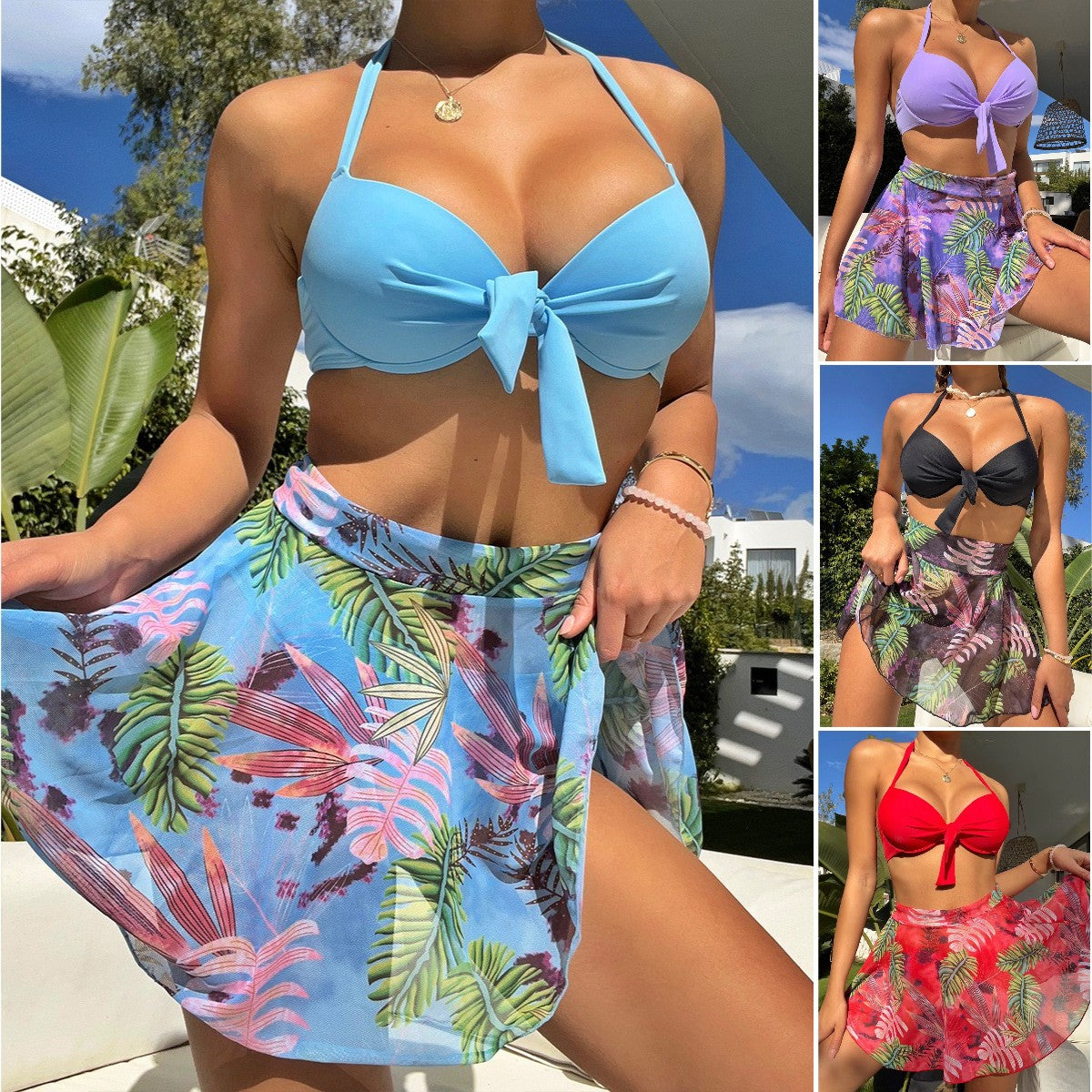 🏊‍👙【S-2XL】🌴Seksowny, trzyczęściowy zestaw kostiumów kąpielowych z nadrukiem z siateczki