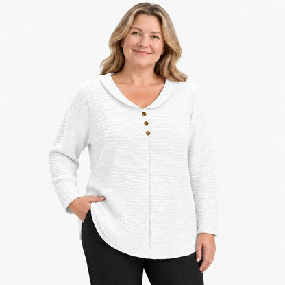 💖💖【XL-5XL】💖 Nový dámský jednobarevný top ve větších velikostech se zapínáním na knoflíky, vyrobený z texturovaného, plisovaného materiálu a doplněný kulatým límečkem.