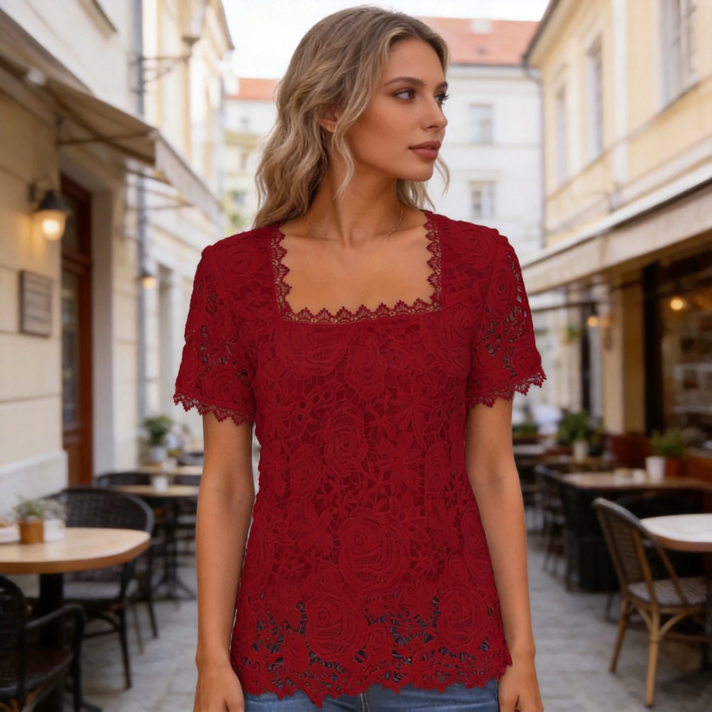 👚【S-5XL】Módní tričko s krátkým rukávem z krajky s výřezy a hranatým výstřihem, elegantní vzhled, snadné kombinování oblečení