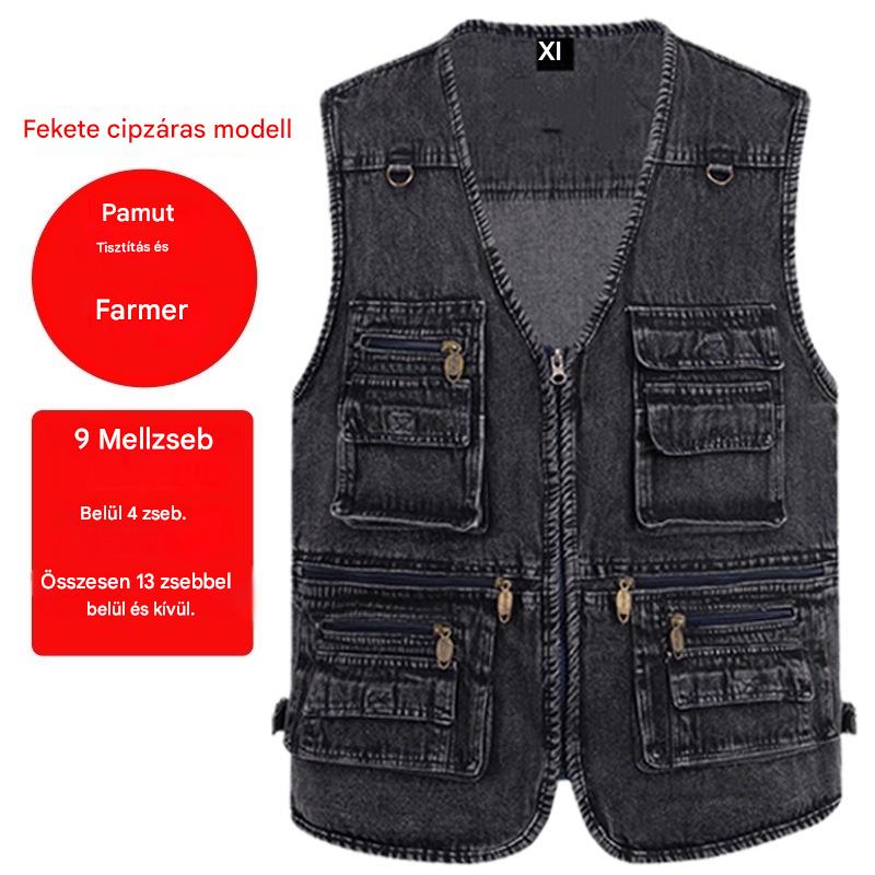 🔥 【Új kollekció -50%】Férfi többzsebes farmer mellény 【XL–7XL】 – tartós, légáteresztő, kényelmes