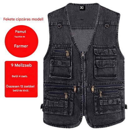 🔥 【Új kollekció -50%】Férfi többzsebes farmer mellény 【XL–7XL】 – tartós, légáteresztő, kényelmes