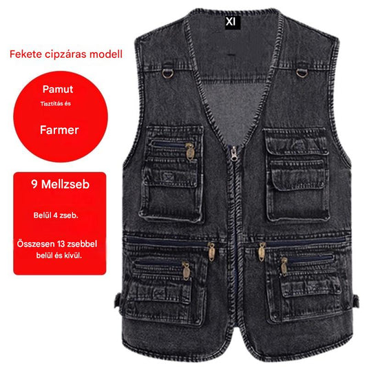 🔥 【Új kollekció -50%】Férfi többzsebes farmer mellény 【XL–7XL】 – tartós, légáteresztő, kényelmes