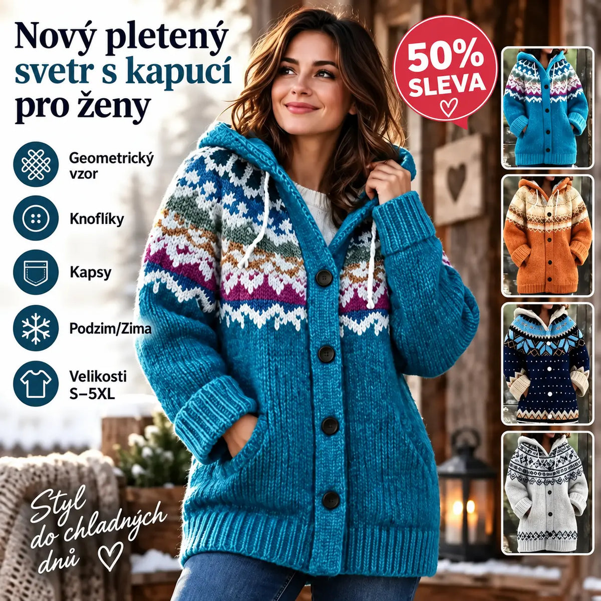 ⭐ 50% SLEVA 🔥 ✨ Nový dámský pletený svetr s kapucí, geometrickým vzorem a zapínáním na knoflíky, ideální na podzim a zimu, velikosti S–5XL.