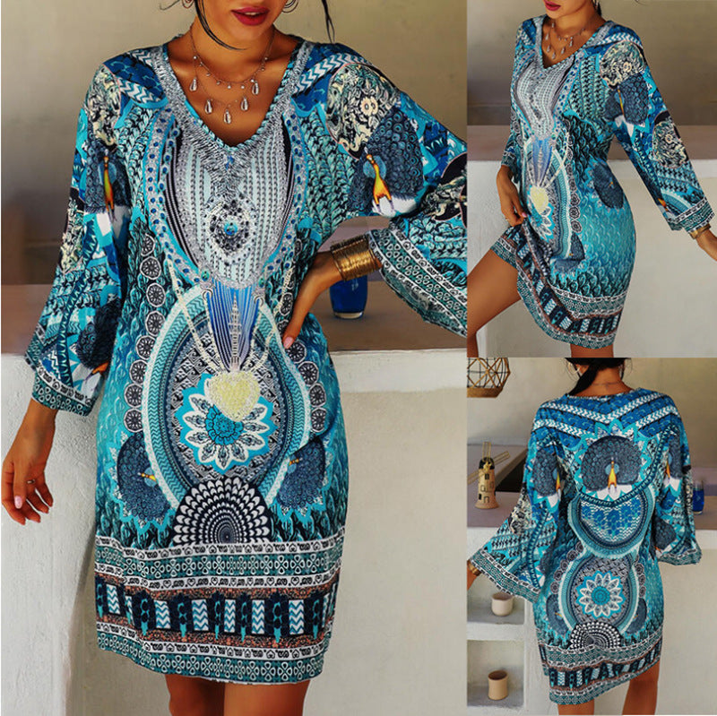🔥😘【S-3XL】 Swobodna sukienka z dekoltem w szpic i nowym letnim nadrukiem w stylu etnicznym-3583903