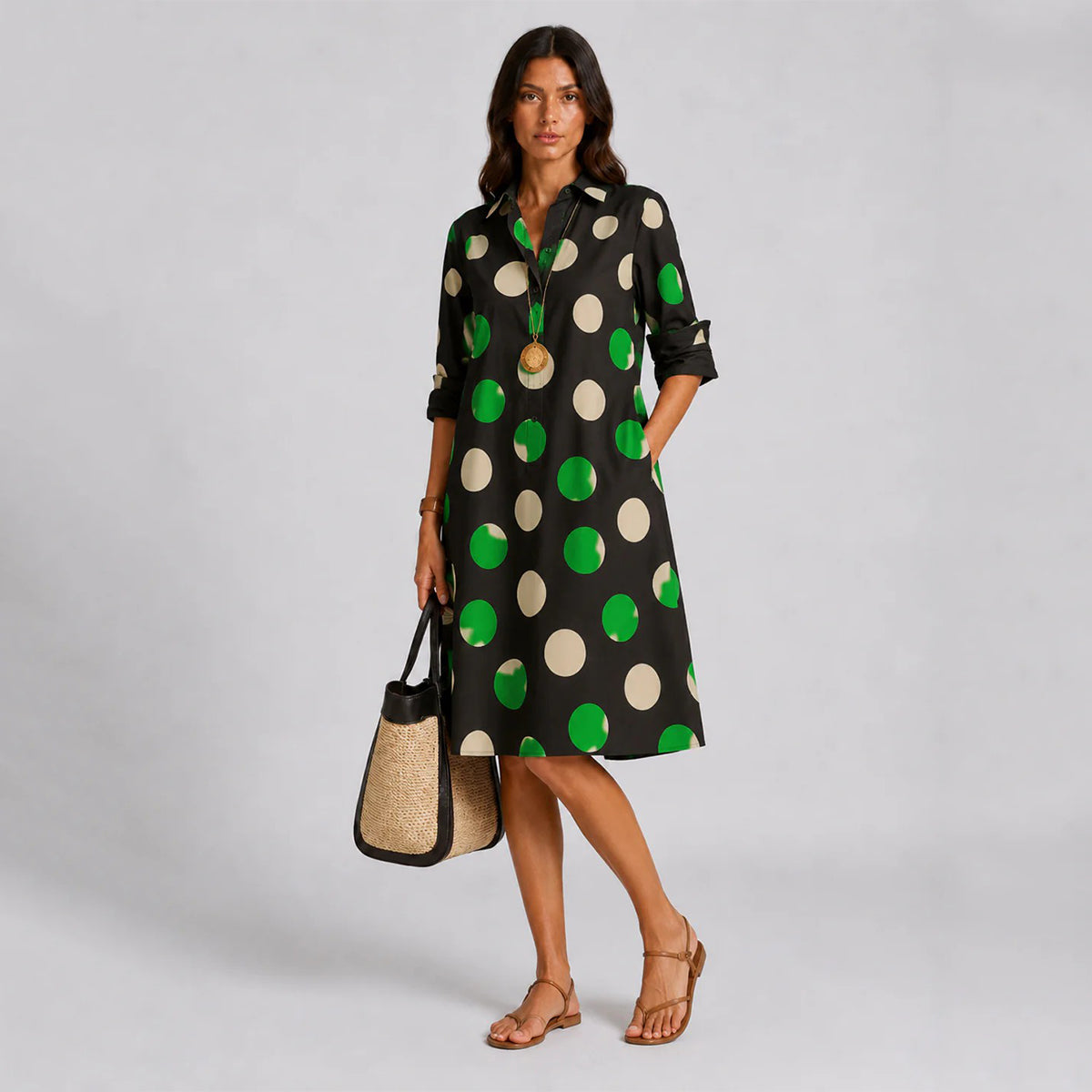 💖【S-5XL】Stylové a elegantní dlouhé šaty s potiskem, košilový límec, dlouhý rukáv, midi délka