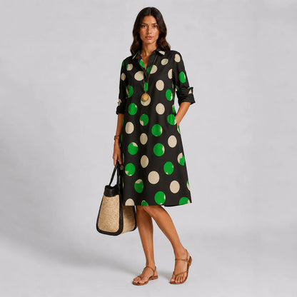 💖【S-5XL】Stylové a elegantní dlouhé šaty s potiskem, košilový límec, dlouhý rukáv, midi délka
