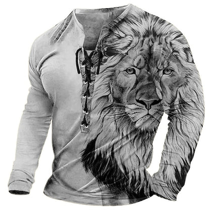 🦁🦁Męski, swobodny T-shirt z długim rękawem i nadrukiem 3D-4251257