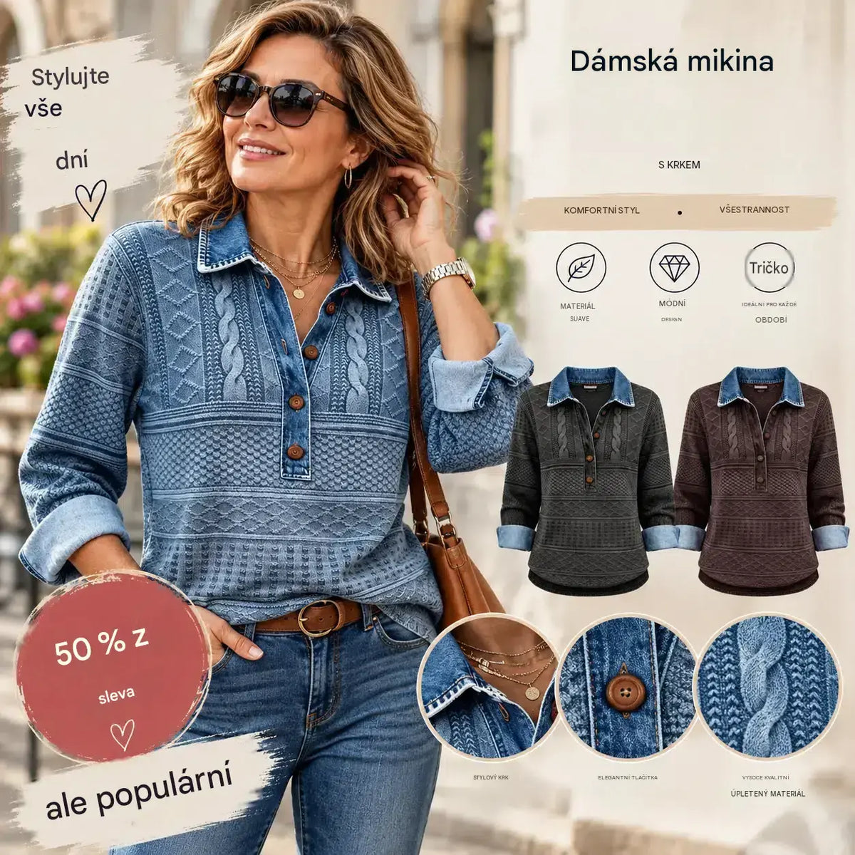 🌺🔥 50% SLEVA | Dámský retro top s džínovými detaily [S–5XL] – Texturovaný vzor, límeček a pohodlný volný střih