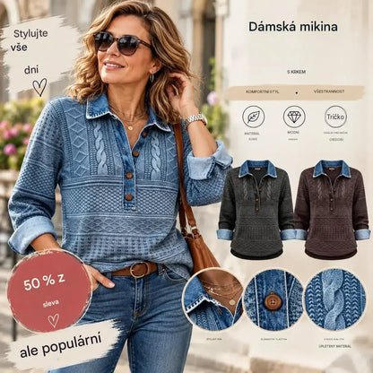 🌺🔥 50% SLEVA | Dámský retro top s džínovými detaily [S–5XL] – Texturovaný vzor, límeček a pohodlný volný střih