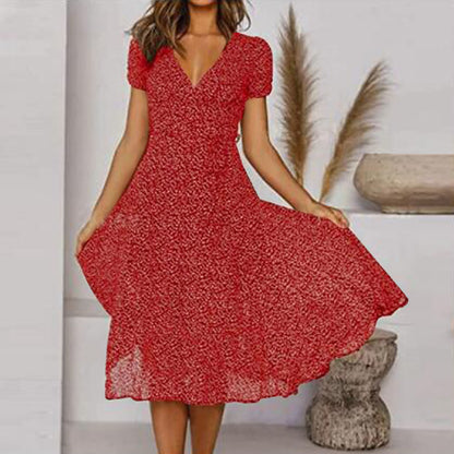 🌈💃【Sleva 50 % 🔥】👗😍 Nové dámské šaty 2026 ve větších velikostech s výstřihem do V a krátkými rukávy, květinové šaty s puntíky ve větších velikostech