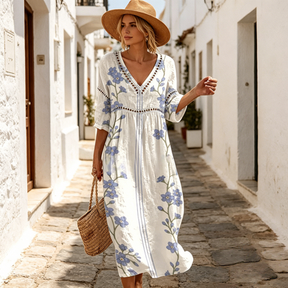 Új 👗【S-3XL】Nyári V-nyakú, mintás pamut-len hosszú ruha