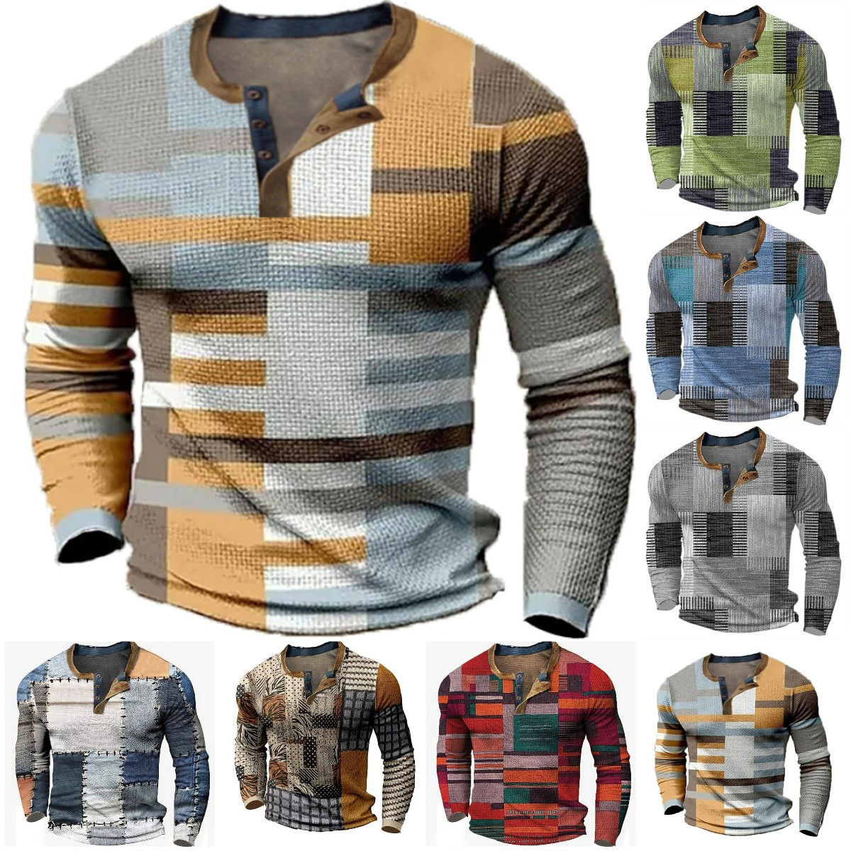 🌴🌈【S-4XL】👔😍 Nová kolekce pánských košil s potiskem, dlouhé rukávy, uvolněný styl Henry, dostupné ve více barvách 4234414