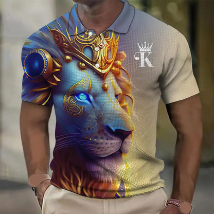 【Novi modeli sniženi 45%.】【S-6XL】Męska koszulka polo z nadrukiem 3D z lwem-3919209
