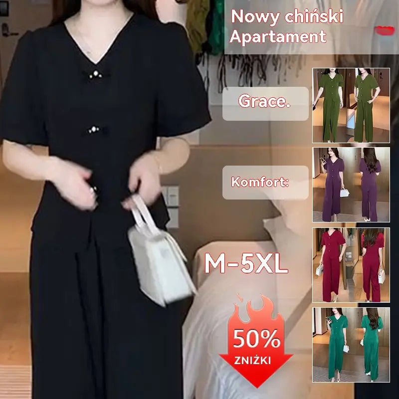 🌸【M-5XL】【Top + kalhoty se širokými kalhotami】Módní oblek z ledového hedvábí