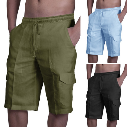 👖⛵【50% zniżki 🔥】【50–100 kg】😍 Męskie lniane szorty cargo w dużych rozmiarach, idealne na plażę, ze sznurkiem i wieloma kieszeniami-4262270