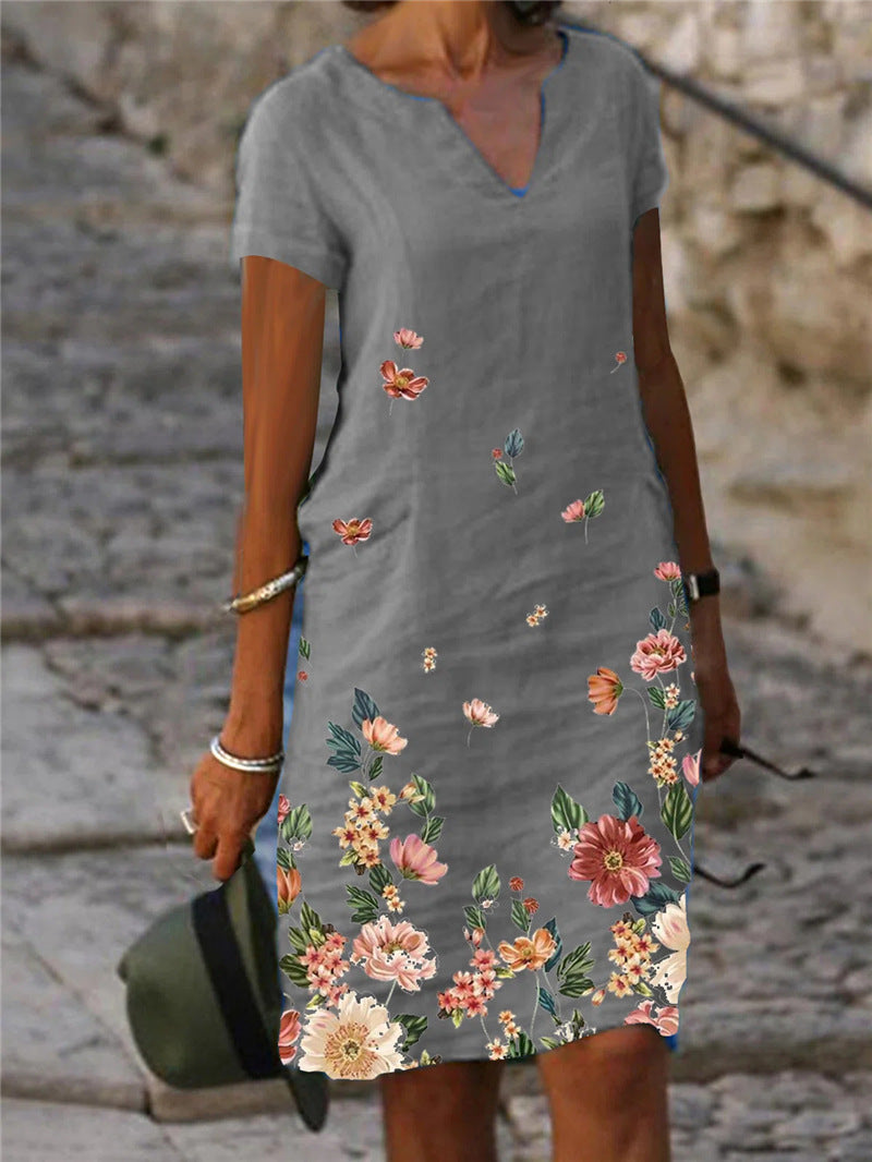 🌺⭐【S-3XL】 Letní šaty rovného střihu z bavlny a lnu s výstřihem do V, krátkými rukávy a potiskem motýlů a květin.