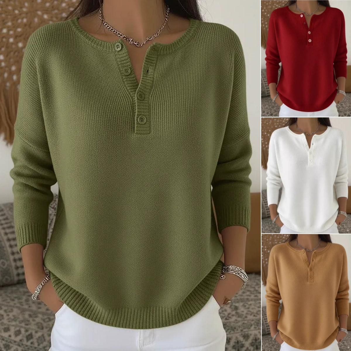 ✨【S-2XL】Suéter de cuello en V de color sólido para mujer, suelto y casual 4181151