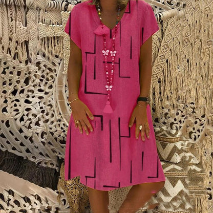 👗【S-5XL】Bawełniana sukienka z nadrukiem i dekoltem w szpic