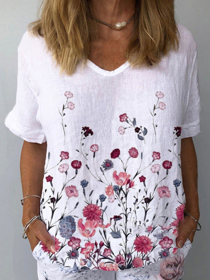 💐🌈T-shirt z krótkim rękawem i bawełnianą lnianą nadrukiem w kwiaty-3984791